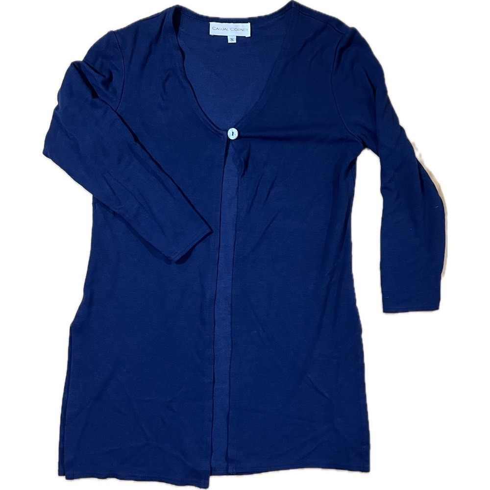 Casual Corner Navy Blue Cardigan Women Small Longline Single Button Office Chic